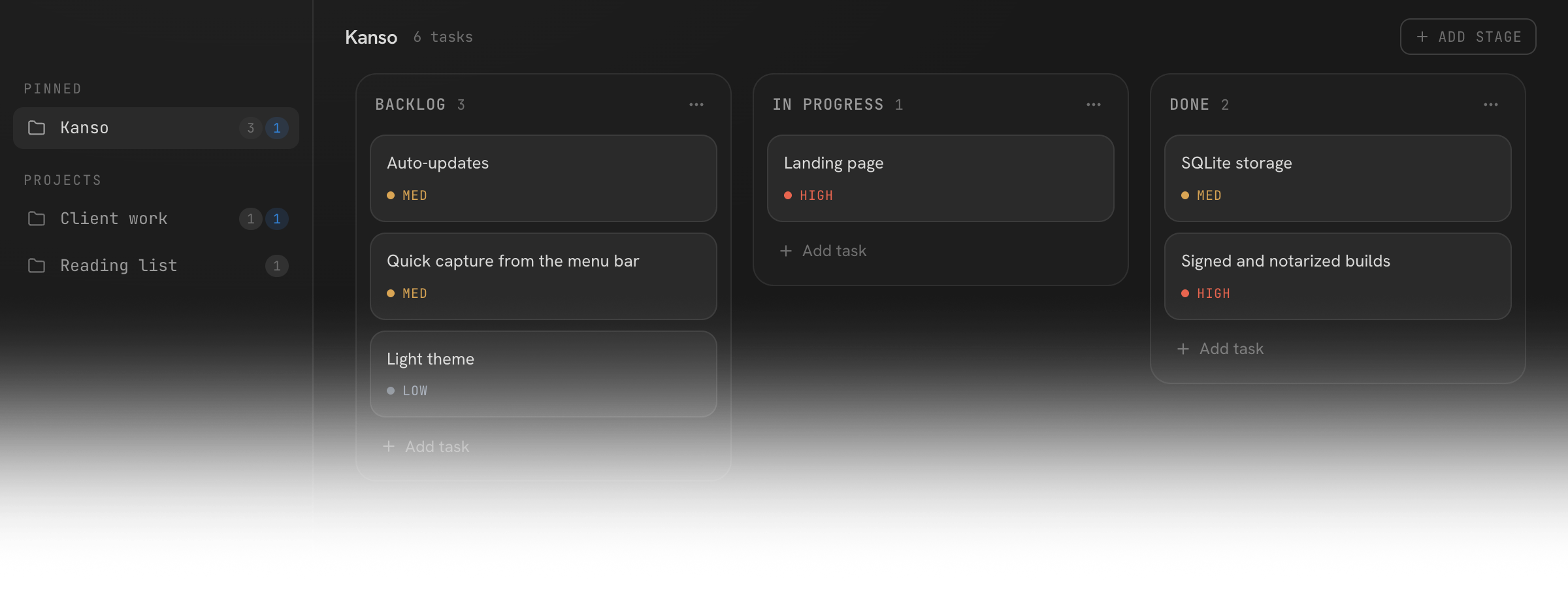 Kanso: a dark window with a sidebar of projects and three columns — Backlog, In Progress, Done — holding a few prioritized task cards.